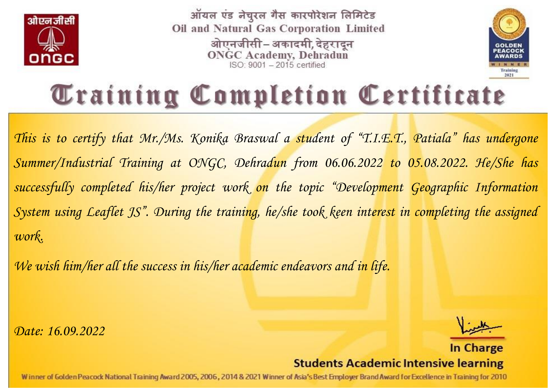 ONGC CERTIFICATE